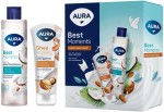 Набор подарочный, Aura (Аура) 250 мл + 75 мл Бест моментс - крем-гель для душа кокос и миндаль + крем для рук восстанавливающий коробка